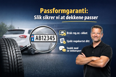 Person som sjekker dekkdimensjon mot vognkort p&aring; mobil f&oslash;r bestilling av bildekk