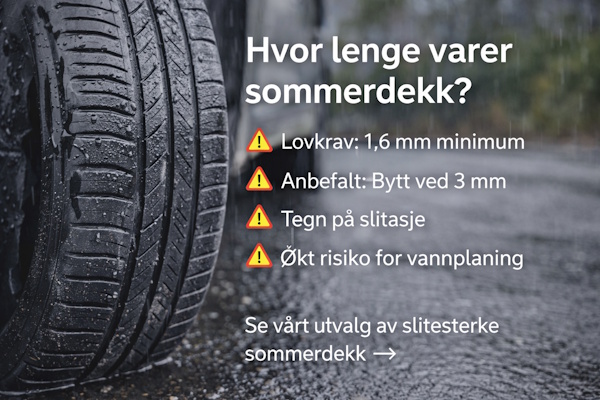 Slitt sommerdekk med lav m&oslash;nsterdybde p&aring; v&aring;t asfalt som viser risiko for vannplaning
