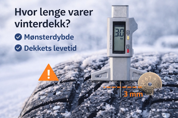 Måling av mønsterdybde på vinterdekk med digital måler og 3 mm markering på snødekt dekk