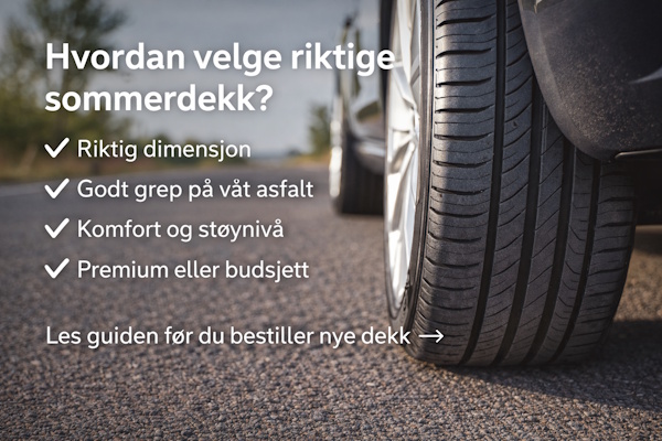 N&aelig;rbilde av sommerdekk p&aring; t&oslash;rr asfalt som viser tydelig m&oslash;nster og veigrep i sollys