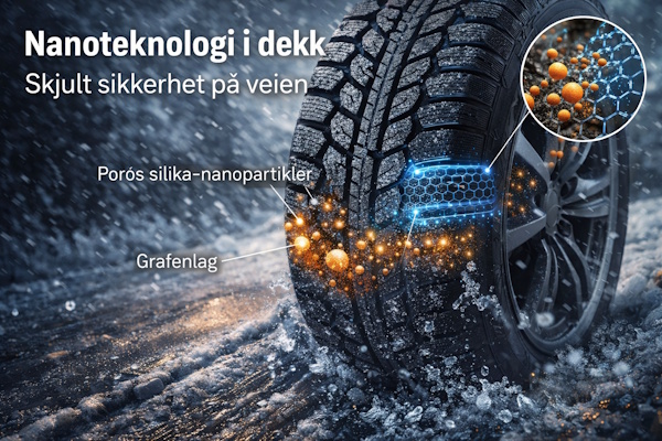 Vinterdekk i n&aelig;rbilde p&aring; sn&oslash;dekt vei med illustrasjon av nanoteknologi i gummiblandingen, som viser silika-nanopartikler og varmefordelende lag for bedre grep og sikkerhet.
