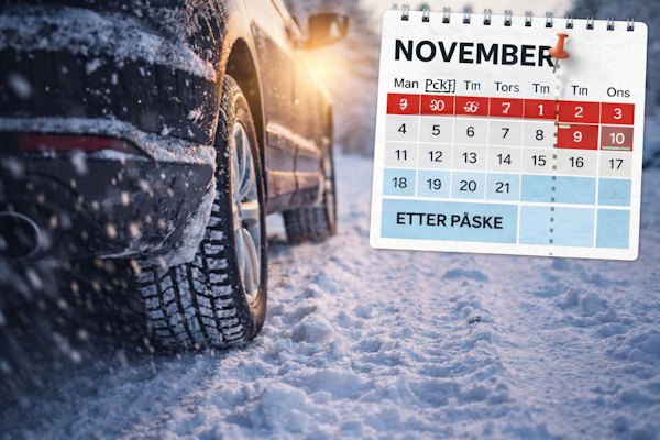 Vinterdekk på snødekt vei og kalender som viser dato for når man må bytte til vinterdekk i Norge