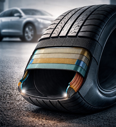 Tverrsnitt av moderne bildekk som viser lagene i dekkets oppbygging inkludert stålbelter, stamme og slitebane