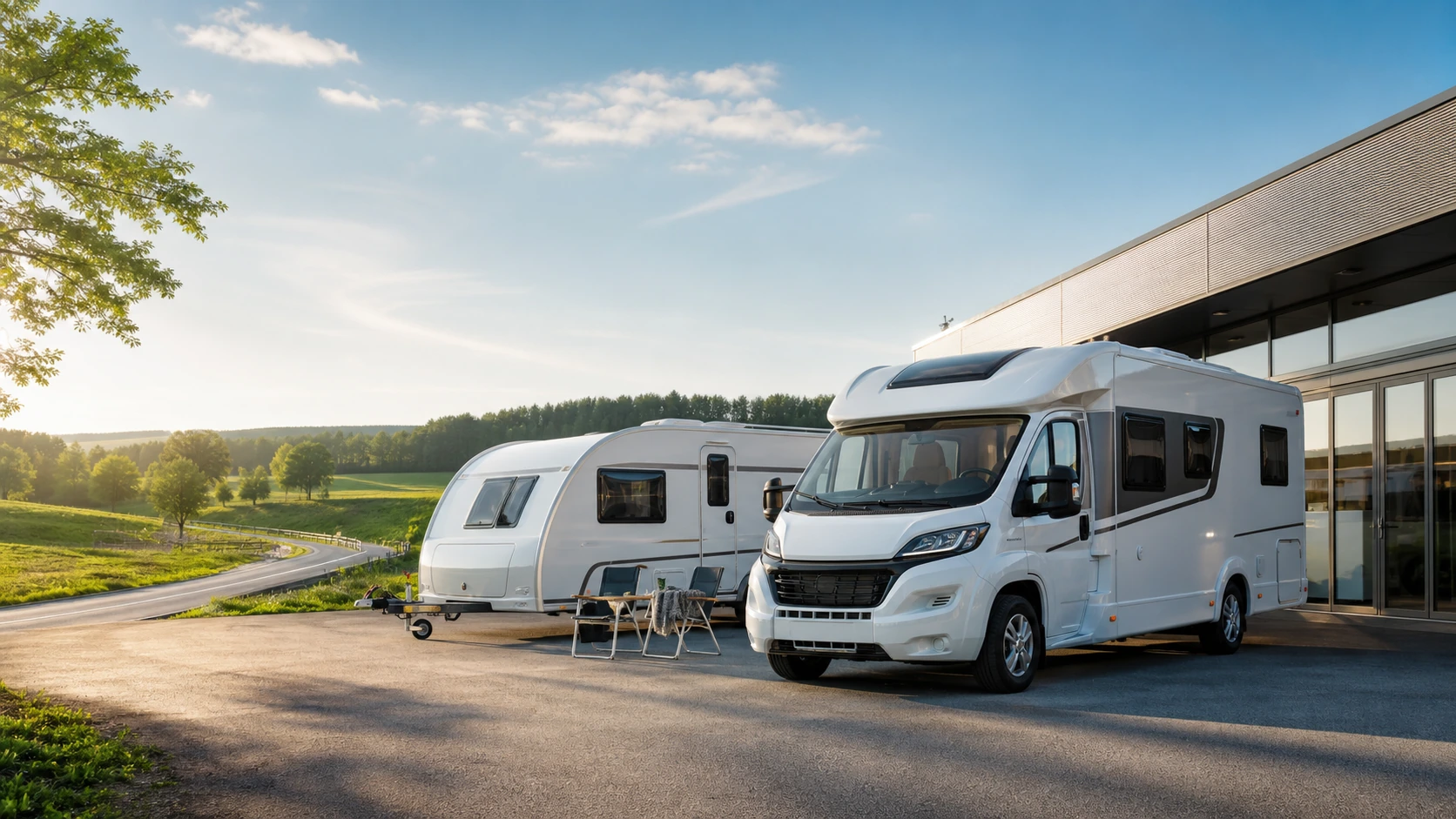Bobil og campingvogn foran en forhandler i et norsk sommerlandskap.